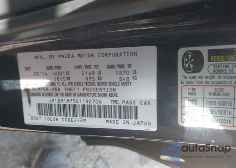 2014 Mazda Mazda3 I Grand Touring z USA, uszkodzony, nr VIN JM1BM1M75E1192706